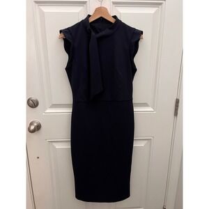 Maggy London Navy Blue‎ Tie Neck Ruffle Sleeve Sheath Midi Dress Womens Size 4